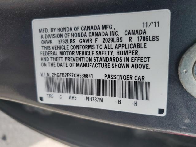 2HGFB2F97CH536841 - 2012 HONDA CIVIC EXL 灰色 照片 12
