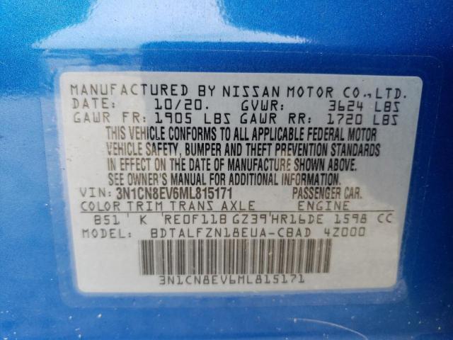 3N1CN8EV6ML815171 - 2021 NISSAN VERSA SV BLUE photo 13