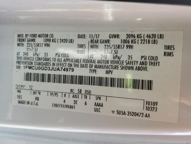 1FMCU0GD3JUA74979 - 2018 FORD ESCAPE SE თეთრი ფოტო 12