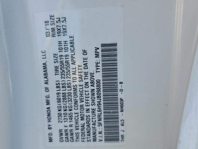 5FNRL6H94JB098800 - 2018 HONDA ODYSSEY ELITE Blanco foto 13