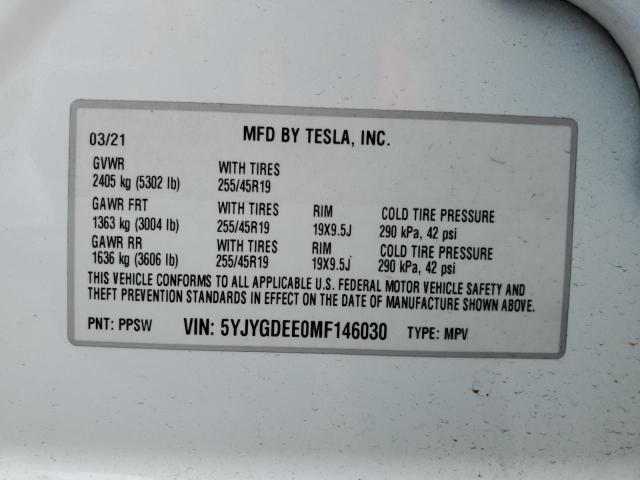 5YJYGDEE0MF146030 - 2021 TESLA MODEL Y Ақ фото 13