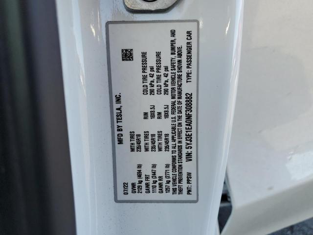 5YJ3E1EA0NF308882 - 2022 TESLA MODEL 3 Ağ foto 12