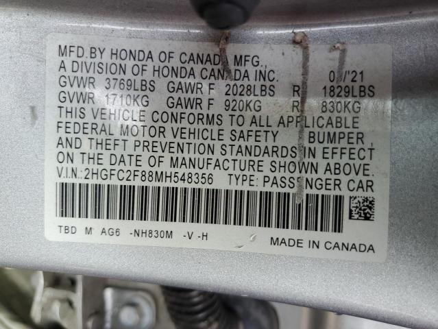 2HGFC2F88MH548356 - 2021 HONDA CIVIC SPORT ვერცხლისფერი ფოტო 13