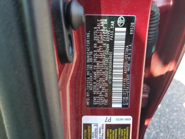 4T1BF1FK3HU649605 - 2017 TOYOTA CAMRY LE BURGUNDY photo 12