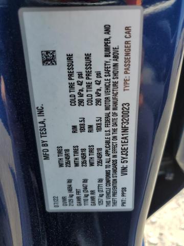 5YJ3E1EA1NF320023 - 2022 TESLA MODEL 3 蓝色 照片 12