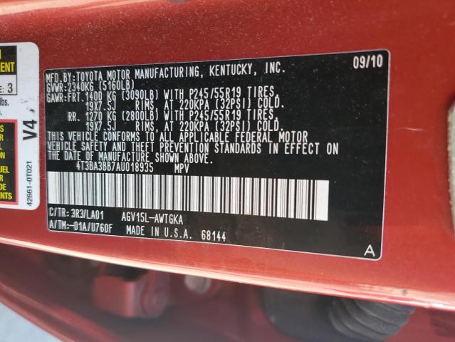 4T3BA3BB7AU018935 - 2010 TOYOTA VENZA RED photo 13