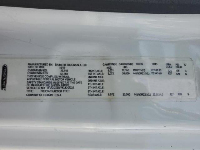 1FUGGEDV7KLKH2032 - 2019 FREIGHTLINER CASCADIA 1 Biały zdjęcie 10