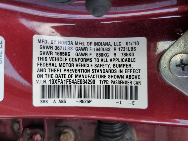 19XFA1F54AE034290 - 2010 HONDA CIVIC LX MAROON photo 12