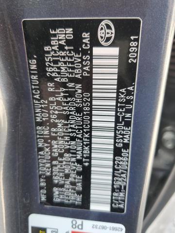 4T1BK1FK1CU018520 - 2012 TOYOTA CAMRY SE CHARCOAL photo 13
