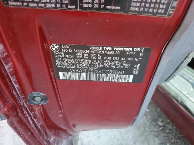WBAEF6322RCC89060 - 1994 BMW 840 CI AUTOMATIC Burgund zdjęcie 10