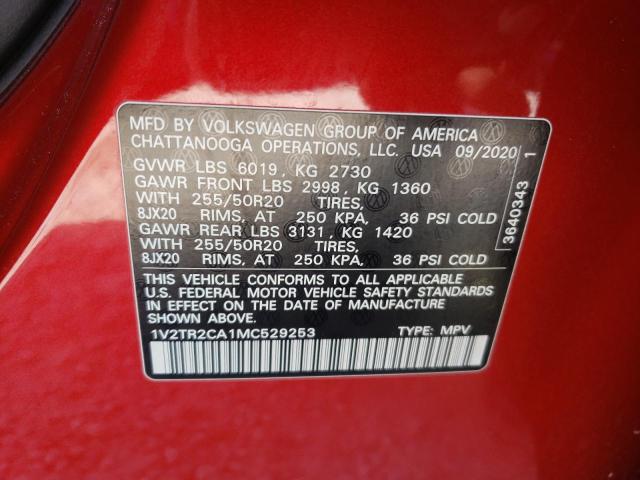 1V2TR2CA1MC529253 - 2021 VOLKSWAGEN 25606 SEL PREMIUM RED photo 10