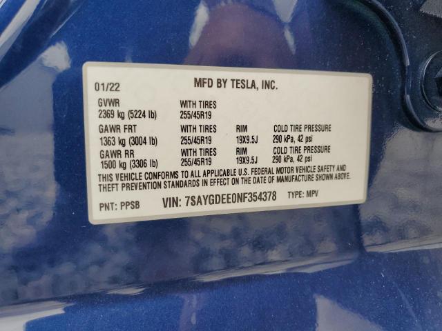 7SAYGDEE0NF354378 - 2022 TESLA MODEL Y 蓝色 照片 14