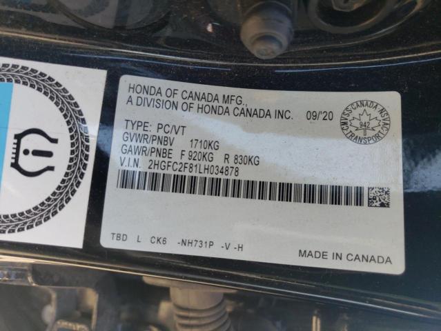 2HGFC2F81LH034878 - 2020 HONDA CIVIC SPORT BLACK photo 12