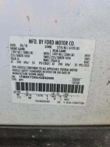 1FM5K7D89JGB62688 - 2018 FORD EXPLORER XLT 白色 照片 13