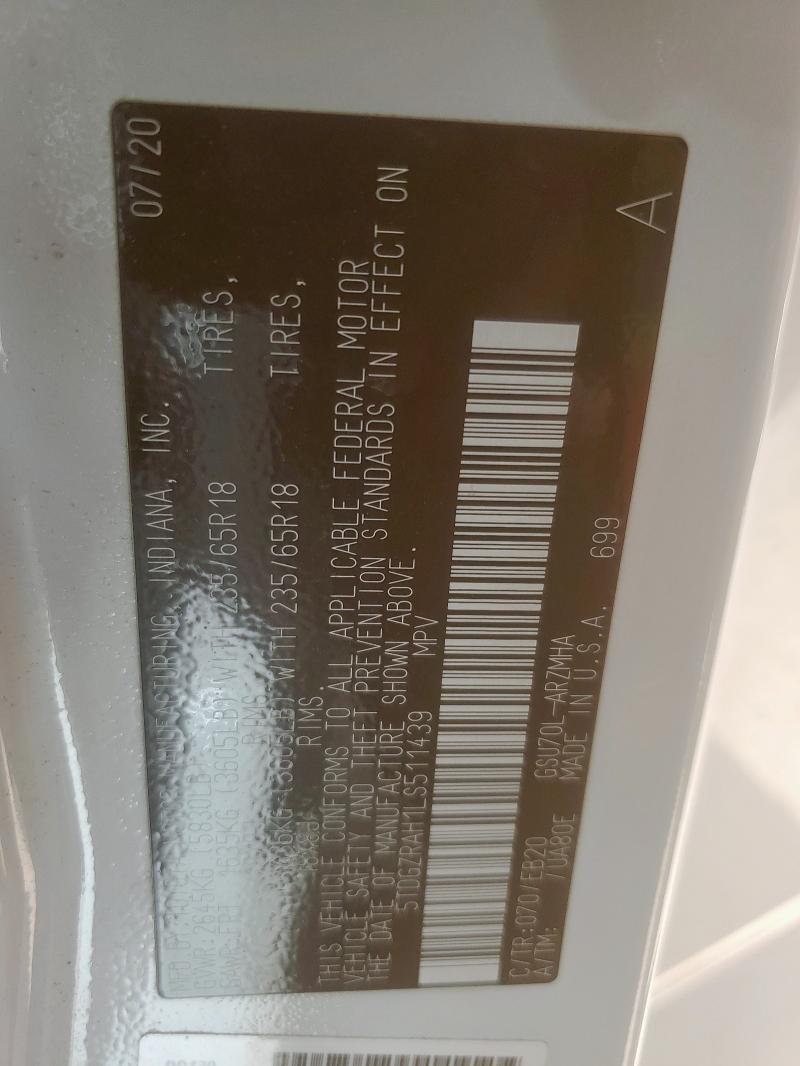 5TDGZRAH1LS511439 - 2020 TOYOTA HIGHLANDER XLE WHITE photo 13