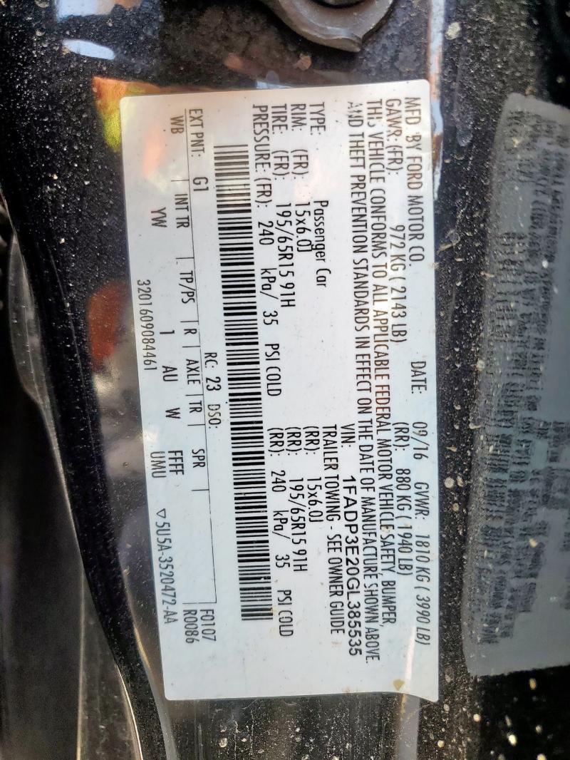 1FADP3E20GL385535 - 2016 FORD FOCUS S BLACK photo 12