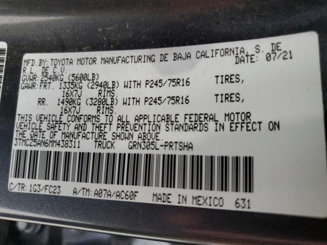 3TMCZ5AN6MM438311 - 2021 TOYOTA TACOMA DOUBLE CAB CHARCOAL photo 12