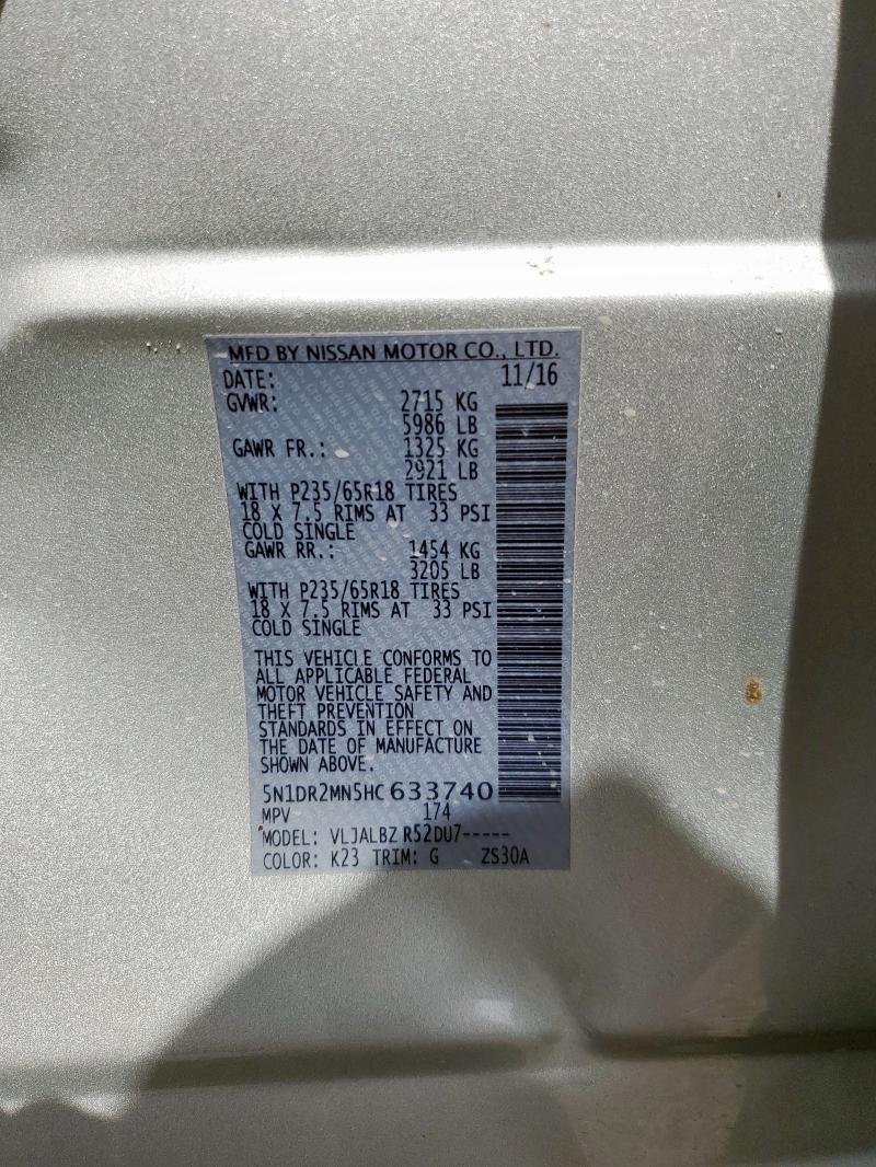 5N1DR2MN5HC633740 - 2017 NISSAN PATHFINDER S SILVER photo 13