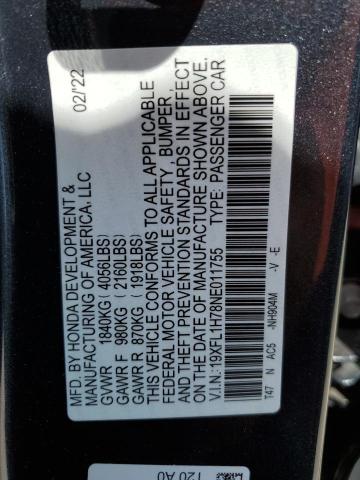 19XFL1H78NE011755 - 2022 HONDA CIVIC EXL GRAY photo 12