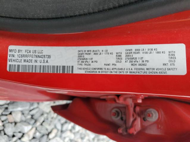 1C6RRFFG7NN428735 - 2022 RAM 1500 BIG HORN/LONE STAR RED photo 13