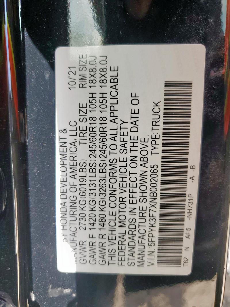 5FPYK3F7XNB002065 - 2022 HONDA RIDGELINE RTL შავი ფოტო 24