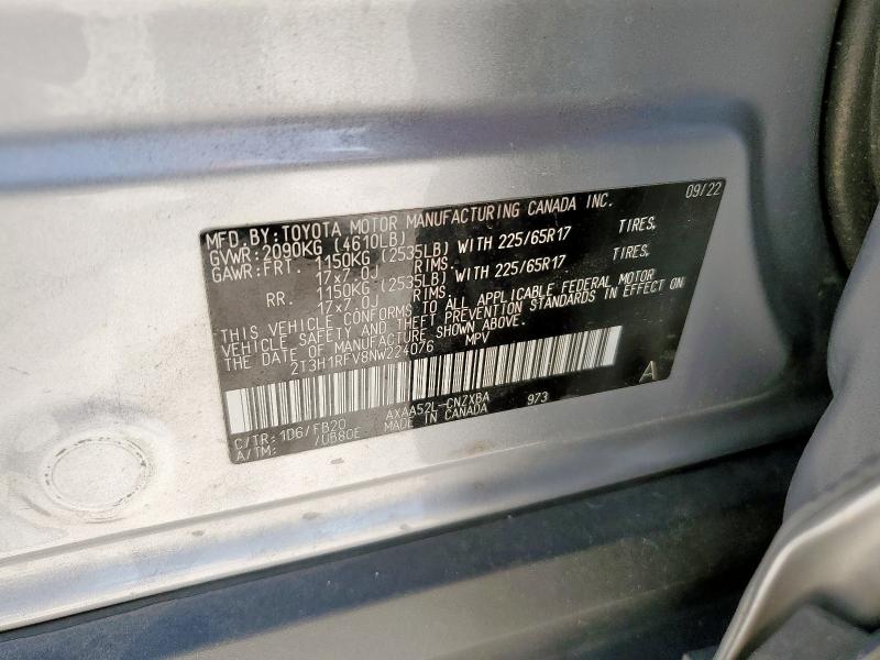 2T3H1RFV8NW224076 - 2022 TOYOTA RAV4 LE 银色 照片 12