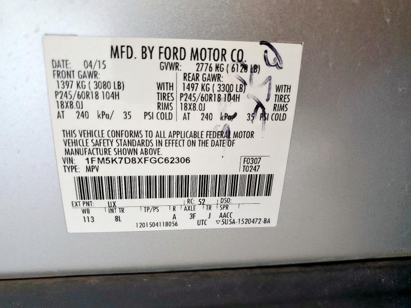 1FM5K7D8XFGC62306 - 2015 FORD EXPLORER XLT SILVER photo 13