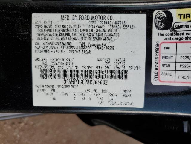 3FAHP0DC2BR266602 - 2011 FORD FUSION SPORT BLACK photo 12