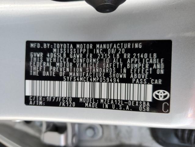 5YFS4MCE4MP059494 - 2021 TOYOTA COROLLA SE SILVER photo 13