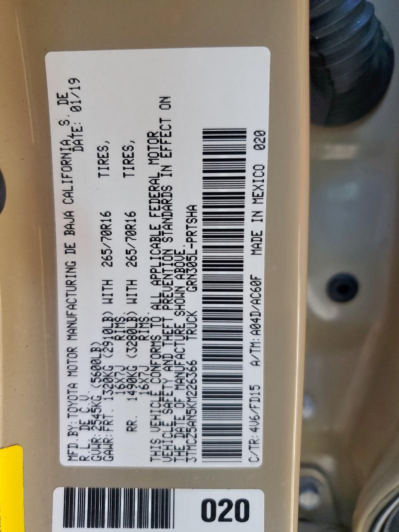 3TMCZ5AN5KM226366 - 2019 TOYOTA TACOMA DOUBLE CAB أسمر صورة 12