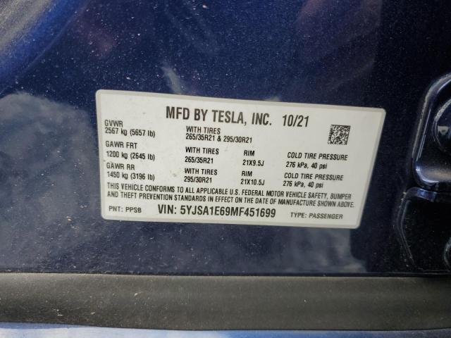 5YJSA1E69MF451699 - 2021 TESLA MODEL S BLUE photo 12