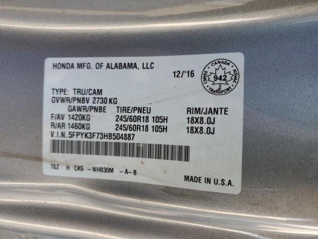 5FPYK3F73HB504887 - 2017 HONDA RIDGELINE RTL SILVER photo 12