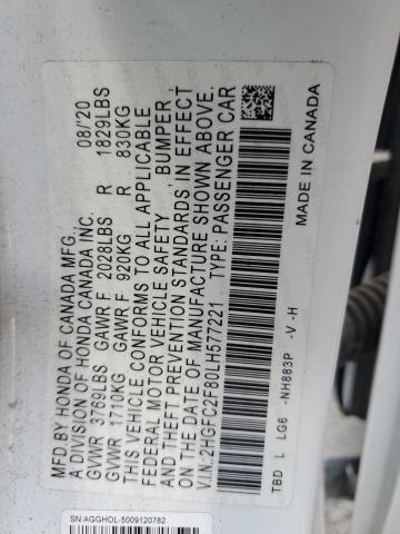 2HGFC2F80LH577221 - 2020 HONDA CIVIC SPORT თეთრი ფოტო 12