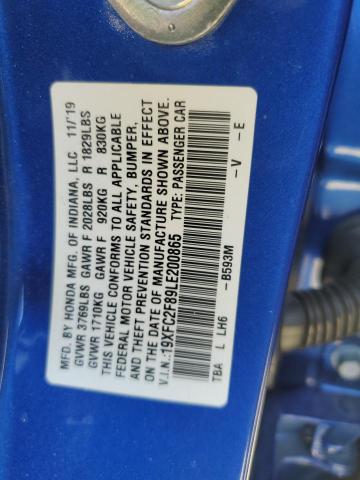 19XFC2F89LE200865 - 2020 HONDA CIVIC SPORT BLUE photo 12