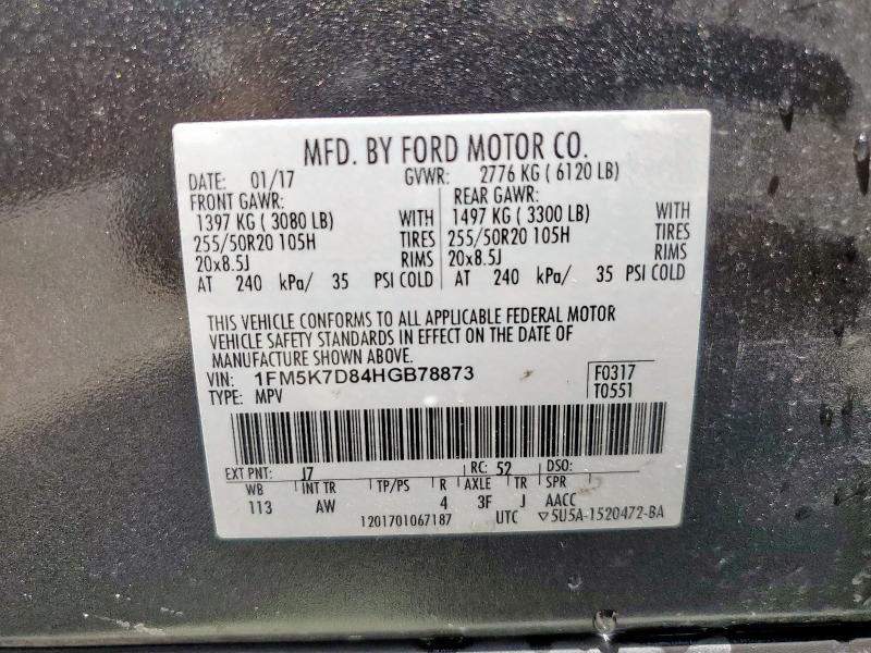 1FM5K7D84HGB78873 - 2017 FORD EXPLORER XLT CHARCOAL photo 13