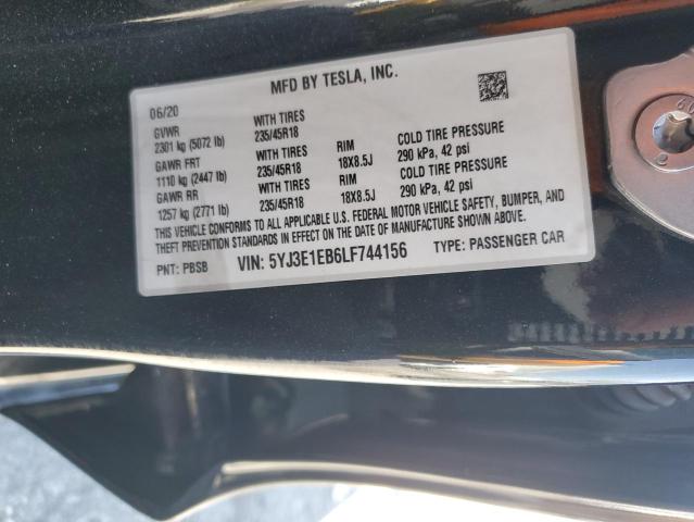 5YJ3E1EB6LF744156 - 2020 TESLA MODEL 3 Negro foto 13
