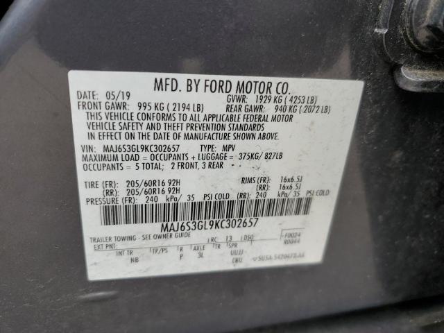 MAJ6S3GL9KC302657 - 2019 FORD ECOSPORT SE Մոխրագույն լուսանկար 12