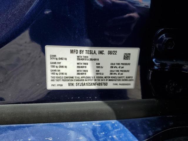5YJSA1E5XNF489760 - 2022 TESLA MODEL S BLUE photo 12