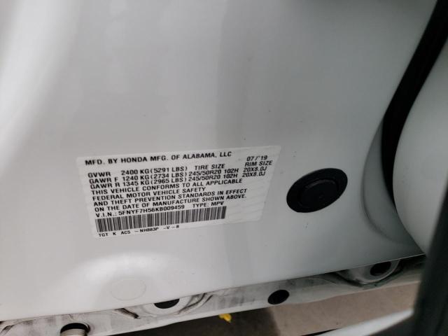 5FNYF7H56KB009459 - 2019 HONDA PASSPORT EXL WHITE photo 12