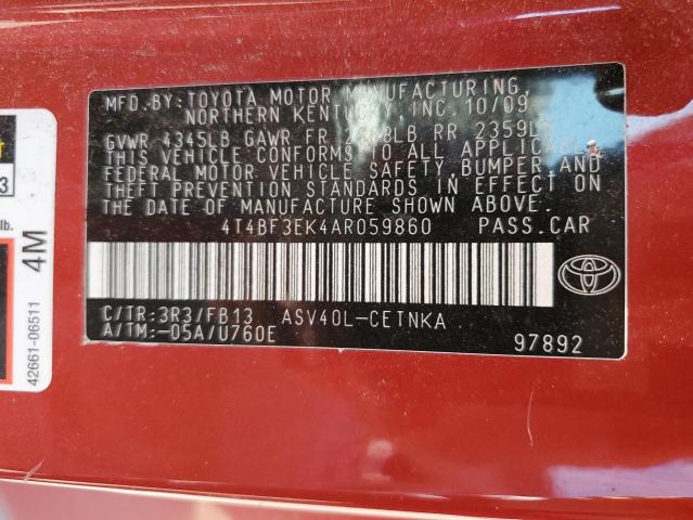 4T4BF3EK4AR059860 - 2010 TOYOTA CAMRY BASE 红色 照片 12