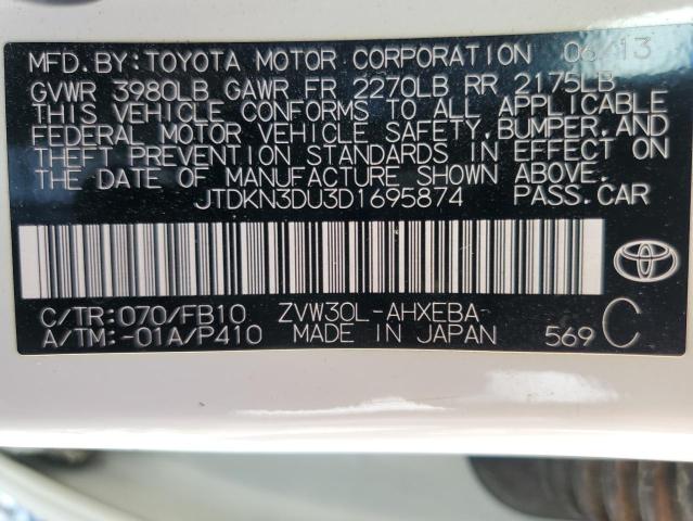 JTDKN3DU3D1695874 - 2013 TOYOTA PRIUS WHITE photo 12