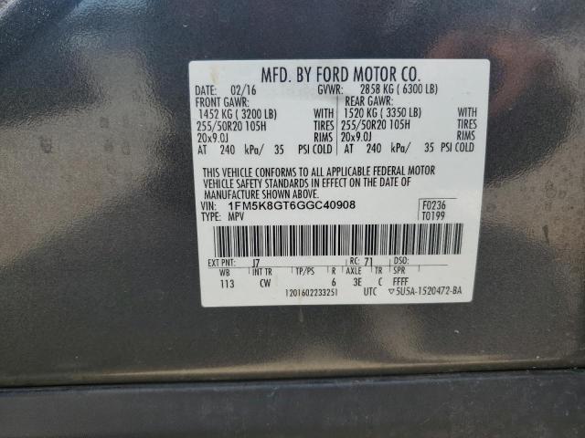 1FM5K8GT6GGC40908 - 2016 FORD EXPLORER SPORT GRAY photo 13