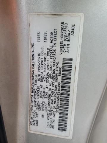 5TESN92N04Z449496 - 2004 TOYOTA TACOMA XTRACAB PRERUNNER ვერცხლისფერი ფოტო 12