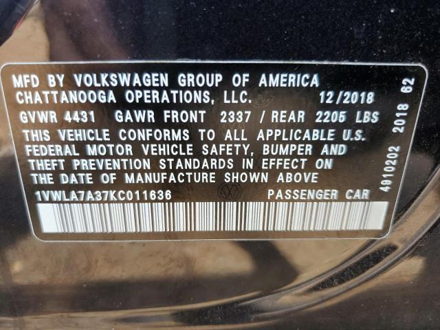 1VWLA7A37KC011636 - 2019 VOLKSWAGEN PASSAT WOLFSBURG BLACK photo 12