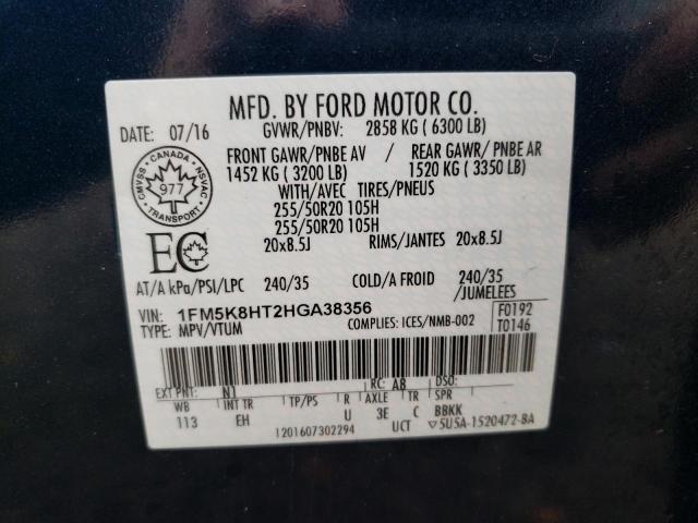 1FM5K8HT2HGA38356 - 2017 FORD EXPLORER PLATINUM BLUE photo 10