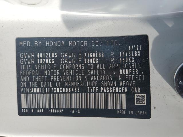 JHMFE1F7XNX006486 - 2022 HONDA CIVIC EX WHITE photo 12
