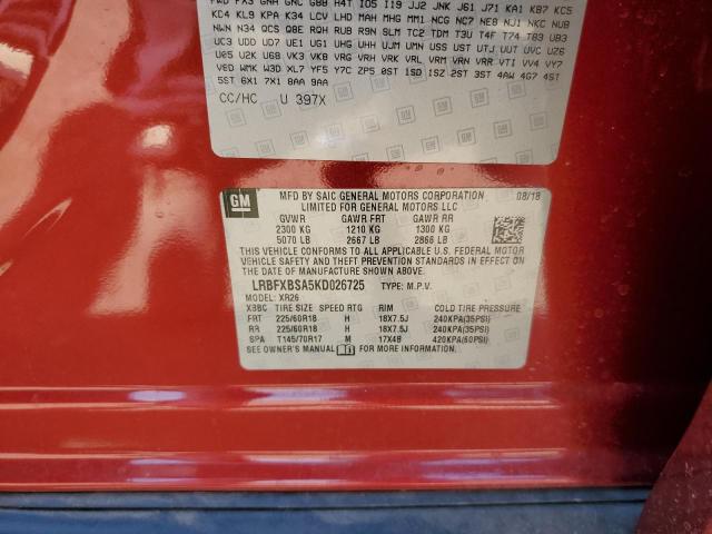 LRBFXBSA5KD026725 - 2019 BUICK ENVISION PREFERRED RED photo 12