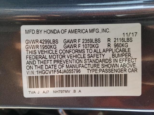 1HGCV1F54JA055796 - 2018 HONDA ACCORD EXL GRAY photo 12