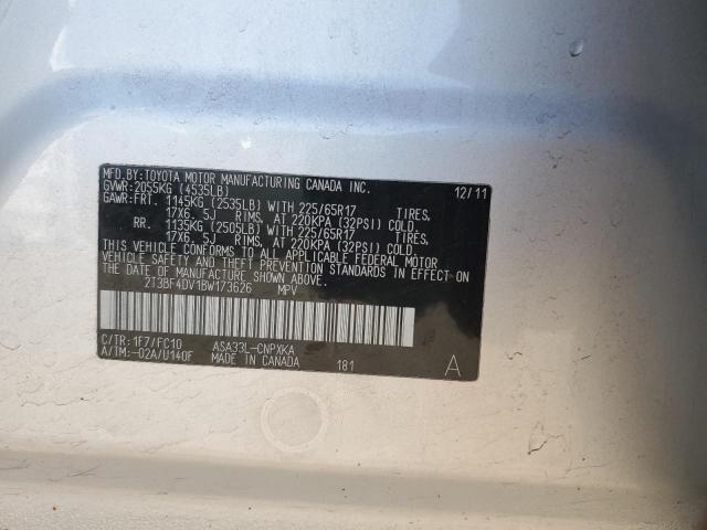 2T3BF4DV1BW173626 - 2011 TOYOTA RAV4 ვერცხლისფერი ფოტო 12