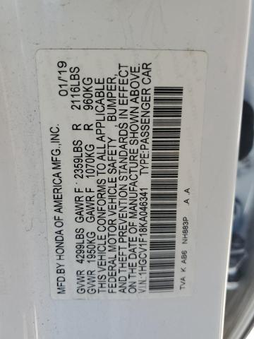 1HGCV1F18KA046341 - 2019 HONDA ACCORD LX თეთრი ფოტო 12